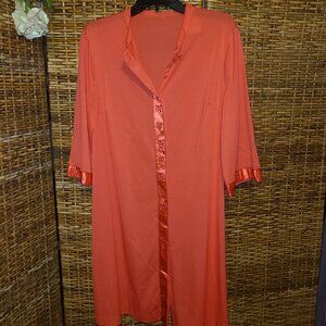 VTG Lorraine Coral Button Front Robe Asian Design on Trim SZ Large Pockets